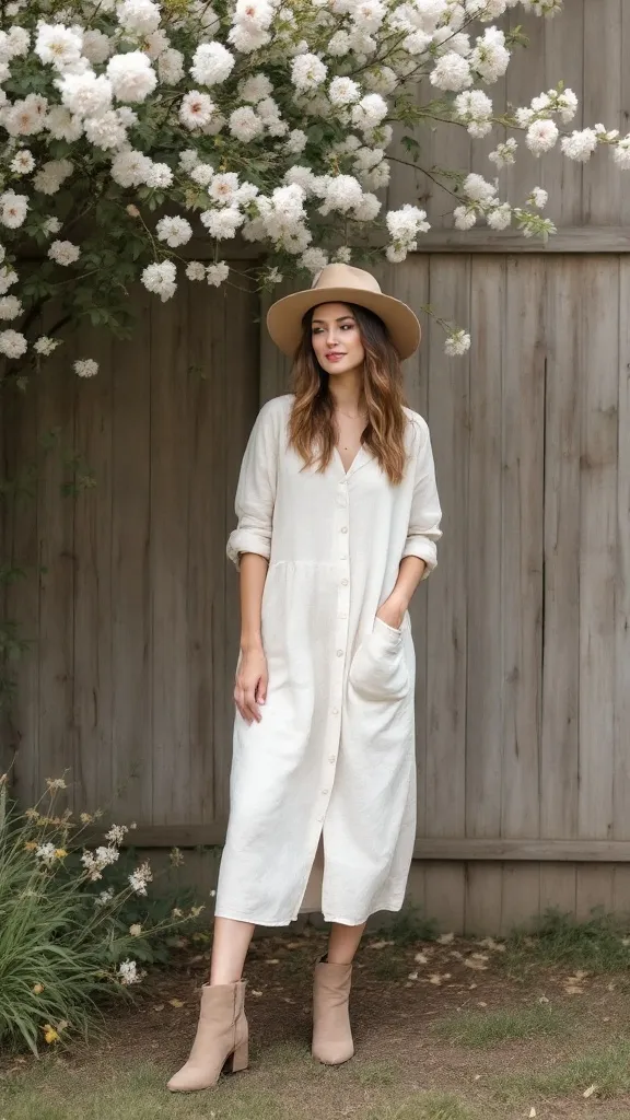 A linen midi dress paired with ankle boots makes for an effortless spring look. This combo is perfect for those sunny days when you want to feel comfy yet stylish. Add a wide-brim hat, and you're ready for any Easter gathering or brunch!