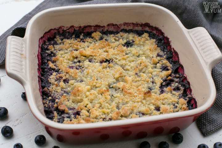 A simple low carb blueberry cobbler dessert with a gluten-free topping that tastes just like the real thing. It's super easy recipe that is quick to prepare.