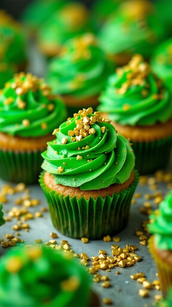 Delicious green cupcakes with gold sprinkles on top.