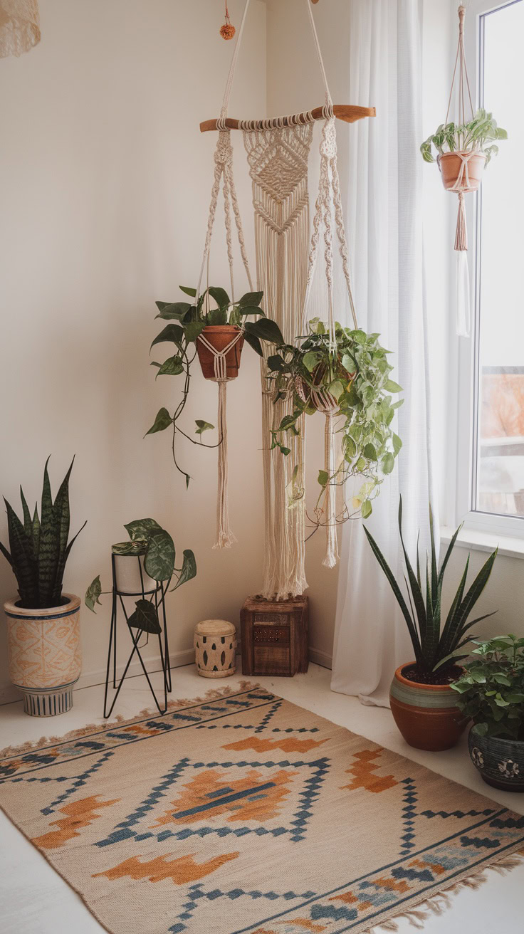 Macrame hangers are a fun way to add greenery to your living room without taking up floor space. They bring a playful vibe and let your plants hang freely, making the room feel more alive. Plus, you can mix and match different plants for a unique look!