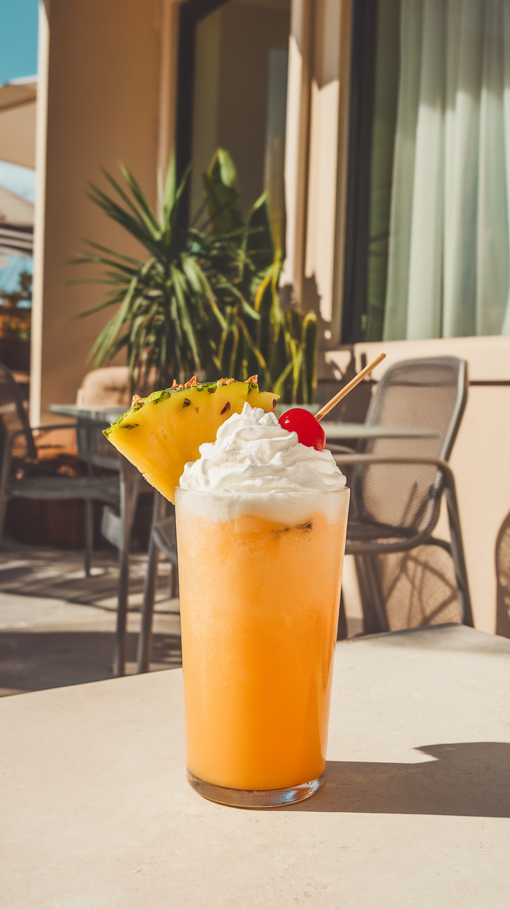 A colorful Mai Tai slushie topped with whipped cream, a cherry, and a slice of pineapple, served in a clear glass.