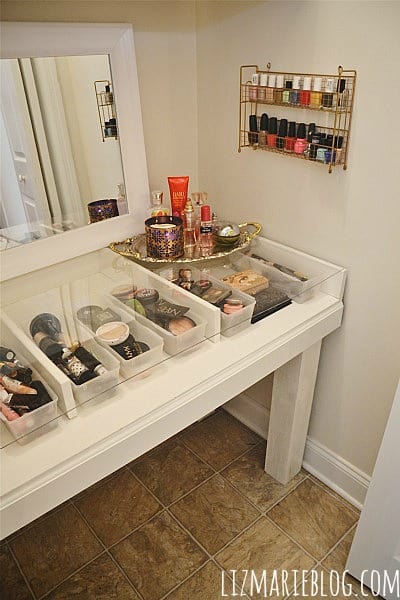Make your own glass top vanity desk so you can see all of your makeup