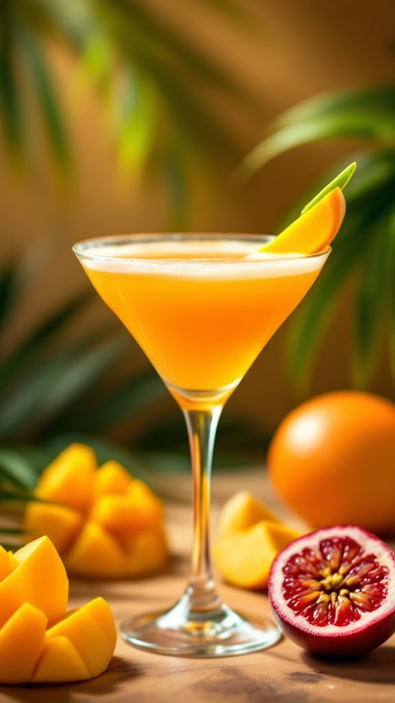 A vibrant Mango Passionfruit Martini served in a clear glass, garnished with a slice of mango.