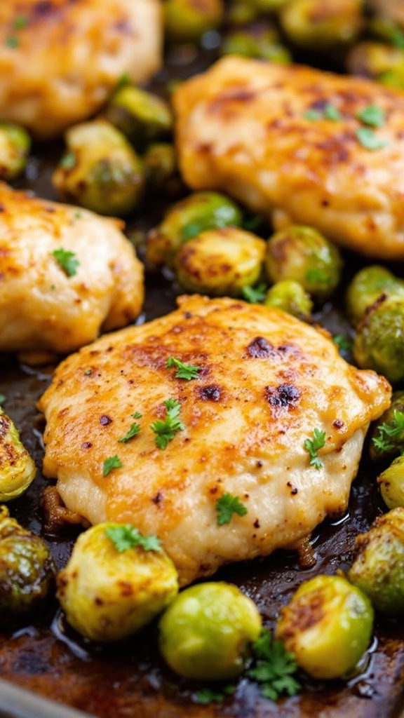 Sheet pan meal featuring chicken thighs and Brussels sprouts