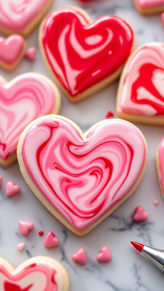 These marbleized royal icing heart cookies are a treat for both the eyes and the taste buds. The swirls of pink and red icing create a fun and festive look that’s perfect for any occasion. Try making your own with this marbleized royal icing heart cookie recipe!