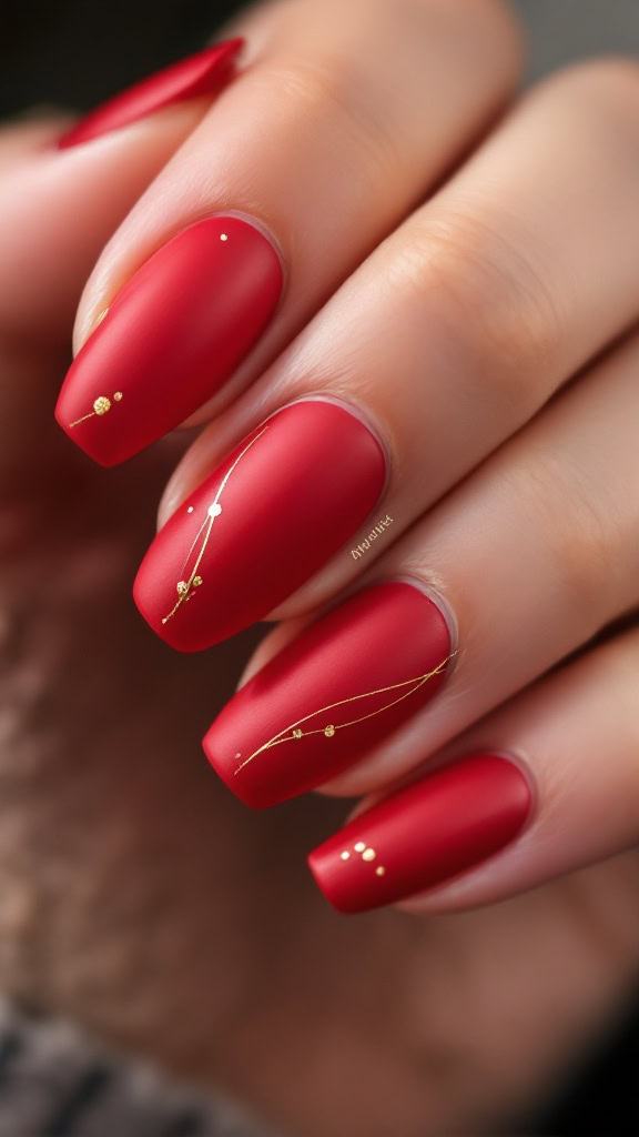 This matte red nail design is a showstopper! The gold accents add a touch of glam that makes it perfect for any occasion. It's a simple yet stylish way to elevate your look and show off your personality.