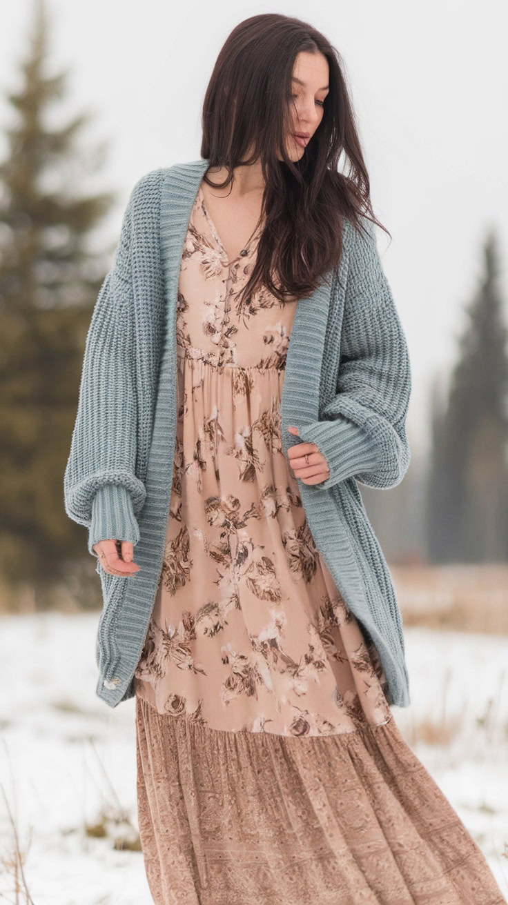 Winter is the perfect time to mix comfort and style with a maxi dress paired with a chunky cardigan. This look keeps you warm and adds an effortlessly chic boho vibe. Whether heading out for coffee or enjoying a casual day at home, this outfit is a go-to for feeling cozy and looking fabulous.