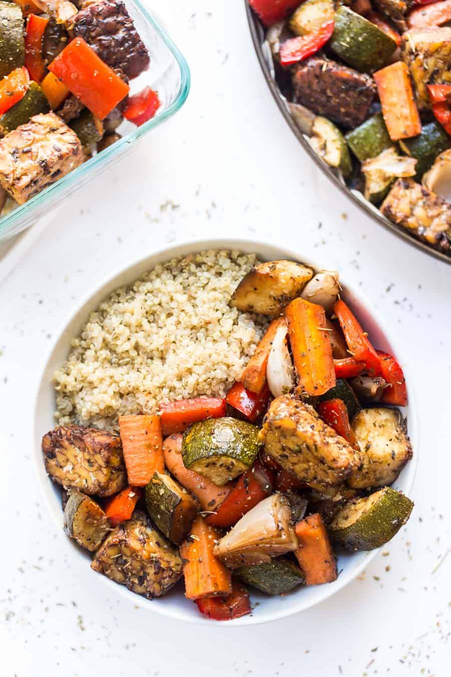 Meal Prep Balsamic Tempeh & Roasted Vegetable Quinoa Bowls