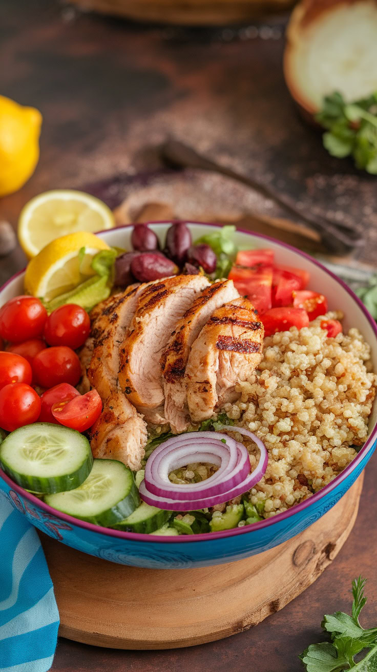 The Mediterranean Chicken Bowl is a colorful and healthy meal packed with flavor. Grilled chicken breast sits on a bed of quinoa, topped with fresh veggies like cucumbers, tomatoes, and olives. Drizzle some lemon juice for a zesty finish that ties it all together!