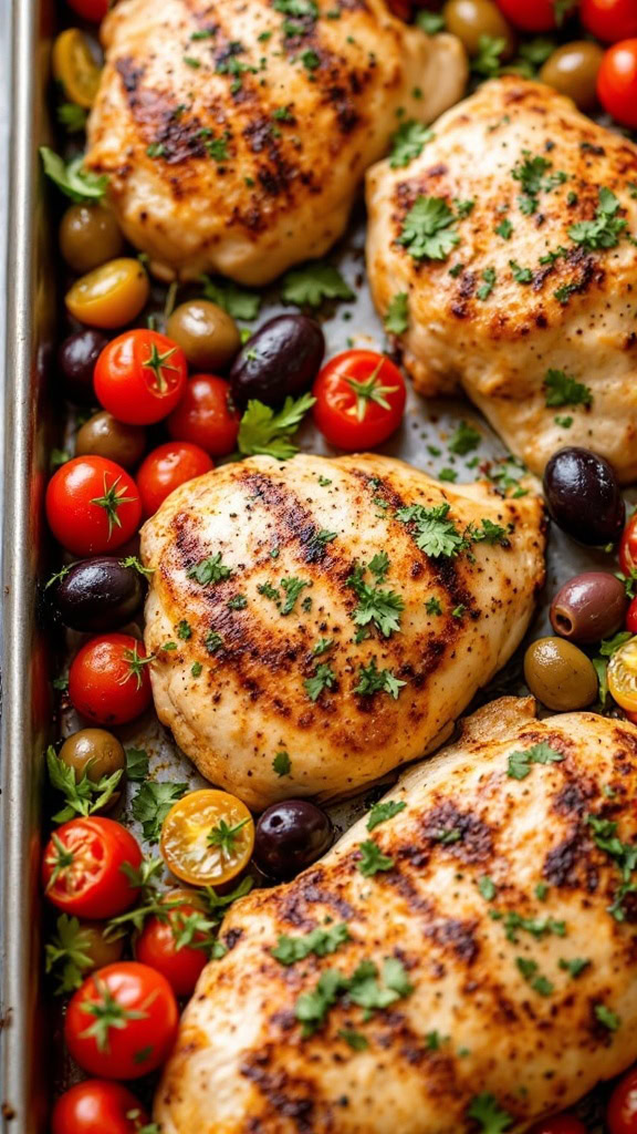 A sheet pan featuring Mediterranean chicken thighs, cherry tomatoes, and olives.