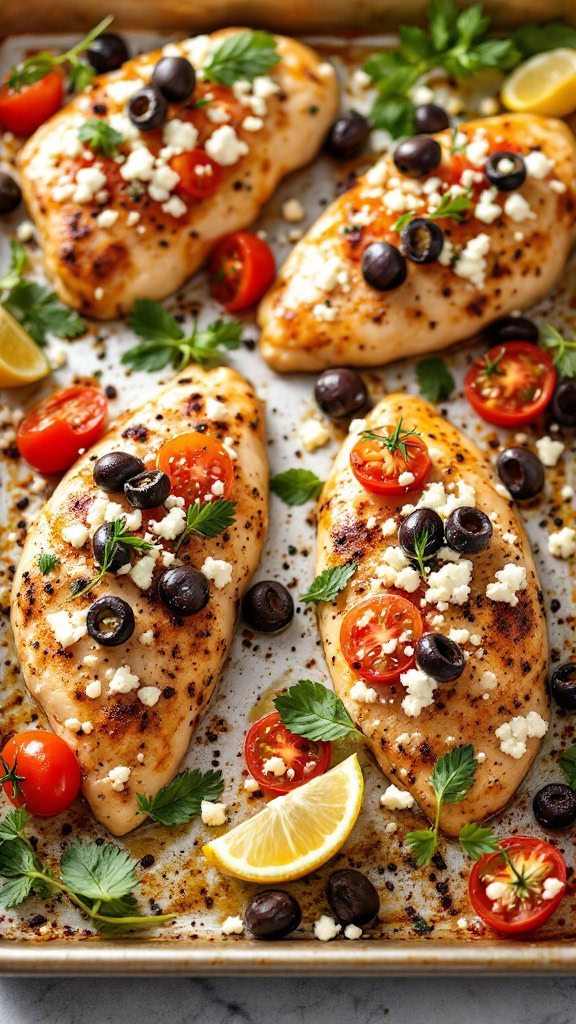 This Mediterranean chicken dish is a breeze to make and perfect for busy weeknights. Juicy chicken breasts are topped with olives, cherry tomatoes, and crumbled feta, creating a colorful and tasty meal. Just pop it in the oven, and you'll have a delightful dinner ready in no time!