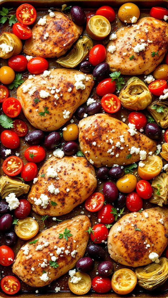 This Mediterranean chicken recipe is a lifesaver for busy weeknights. Juicy chicken breasts roast alongside sweet cherry tomatoes, briny olives, and artichokes, creating a colorful and tasty dish. With minimal prep and cleanup, you’ll have more time to relax and enjoy your meal!