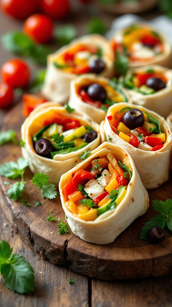 Packed with vibrant veggies and creamy cheese, Mediterranean veggie pinwheels are a feast for the eyes and taste buds. These easy-to-make pinwheels feature olives, peppers, and feta, all wrapped in a soft tortilla. They’re a delightful vegetarian option for your spread!