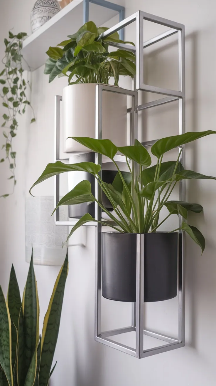 Metal plant shelves bring a modern touch to your living room. They are sturdy and can hold a good amount of weight, making them great for larger plants. Plus, their sleek design can blend well with any decor style.