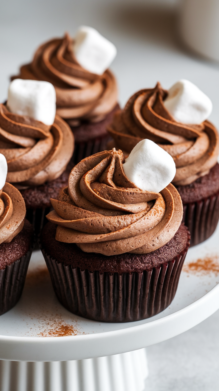 Delicious Mexican hot chocolate cupcakes topped with chocolate frosting and marshmallows on a white cake stand.