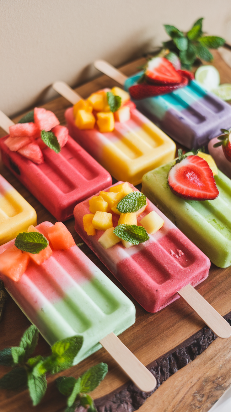 Colorful Mexican paletas popsicles displayed on a wooden board with fresh fruit toppings