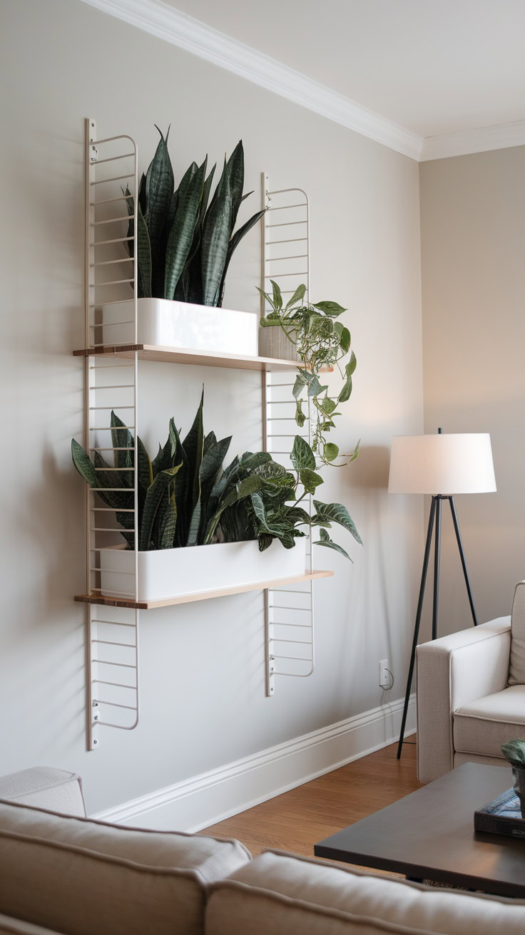 What It Is: Clean lines and neutral tones with just a few plants in sleek, understated pots. Use floating shelves and choose plants with bold, architectural shapes like snake plants or ZZ plants.