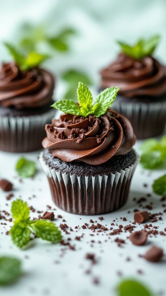 Mint chocolate cupcakes with chocolate frosting and mint leaves on top