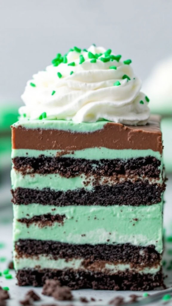 A slice of mint chocolate lasagna with layers of mint cream and chocolate, topped with whipped cream and green sprinkles.