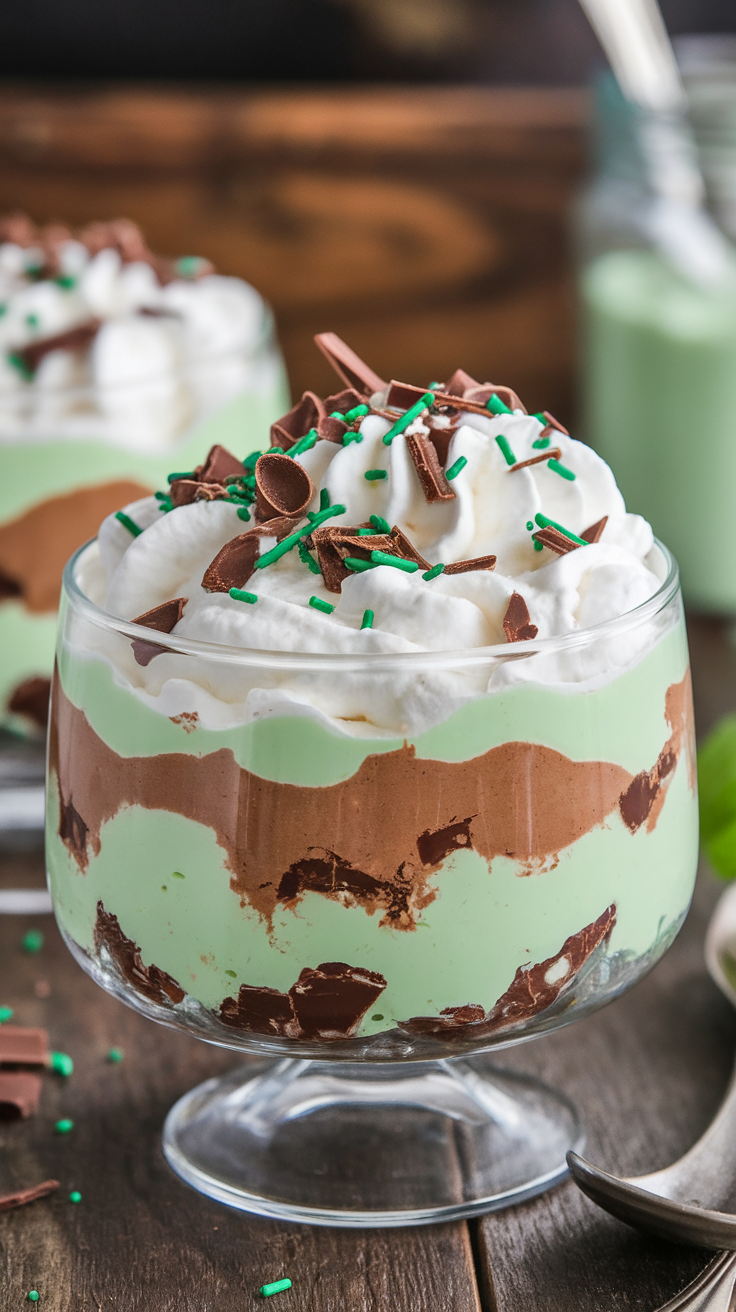 A layered mint chocolate dessert in a clear glass, topped with whipped cream and chocolate shavings.