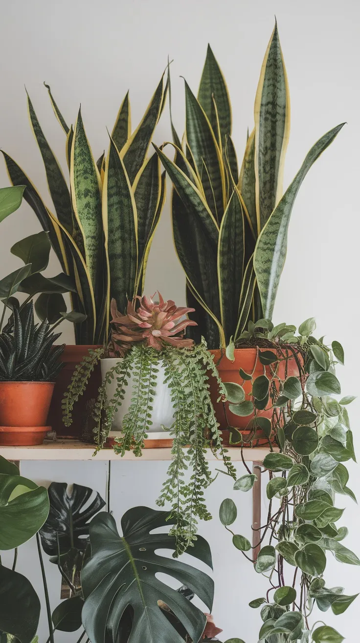 To create a lively shelf, mix plants of different heights and textures. Tall, spiky plants like snake plants can stand proudly behind shorter ones like succulents. This combo adds depth and interest, making your plant shelf a real visual treat.