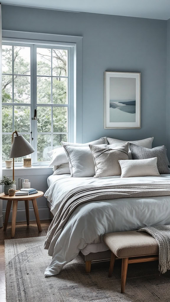 This bedroom captures the essence of modern minimalism with its soft blue walls and cozy textures. The simple design invites relaxation, making it a perfect retreat after a long day. With natural light pouring in, the space feels fresh and inviting, showcasing how calming colors can transform a room.