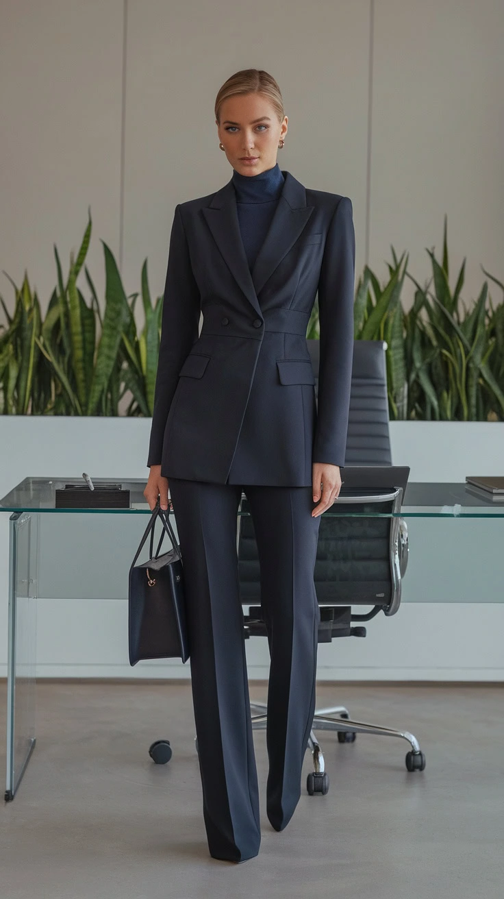 Monochrome outfits can make a bold statement while keeping things chic and professional. A sleek navy suit paired with a matching top exudes confidence and style without being overly flashy. This look is perfect for those busy workdays when you want to feel polished yet comfortable.