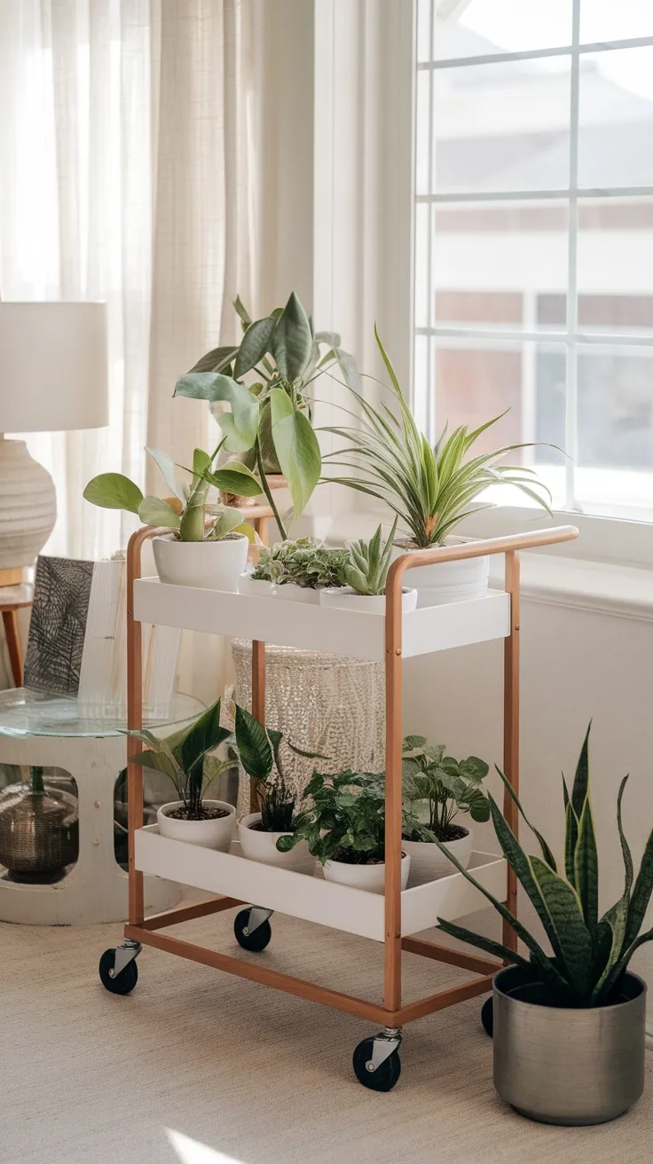 Multi-tiered carts are a fun and flexible way to showcase plants in your living room. You can easily move them around to catch the sunlight or change up the look of your space. Just add your favorite pots and enjoy a splash of greenery wherever you like!