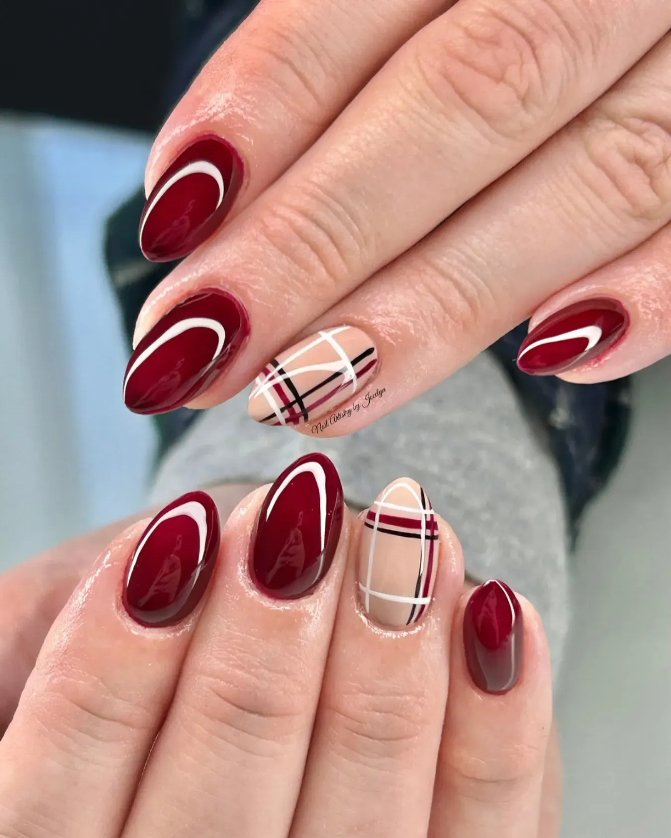 Glossy deep red and nude plaid make a bold, sophisticated combo you could wear to the office and a night out.