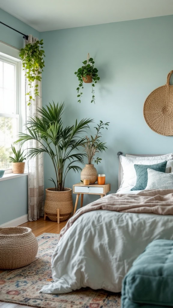 This cozy bedroom feels fresh with its pale blue walls and green plants. The soft hues create a calm vibe, perfect for unwinding. Bringing nature indoors can really brighten up your space and lift your mood!