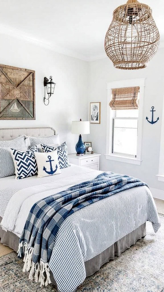 A nautical-themed guest bedroom featuring blue and white striped bedding, beach-themed artwork, and wooden furniture.