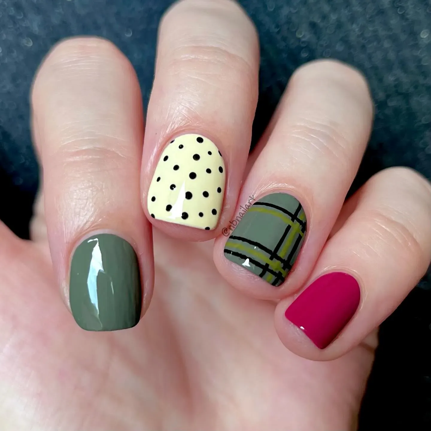 Olive green, mustard, and magenta with plaid and polka dots — a fun, nostalgic nod to retro fashion with a fresh twist.