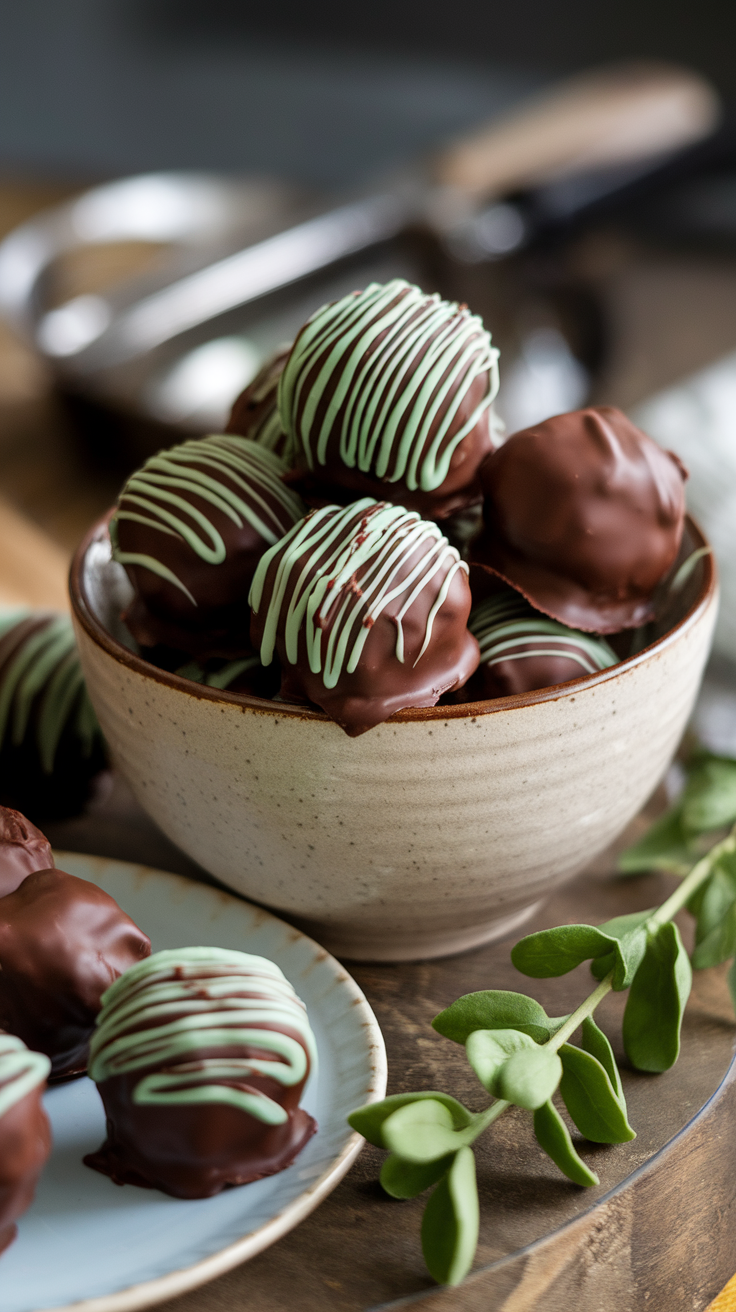 A bowl of No-Bake Thin Mint Cookie Truffles drizzled with green chocolate.