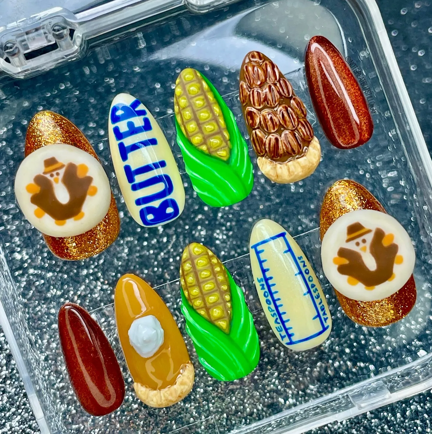 @notgreatbutstillokayIf you love a statement set, this 3D corn-and-butter design is Thanksgiving in nail form — literally. Playful, detailed, and full of personality, it’s a fun way to celebrate the season with some creative fall nail inspo.
