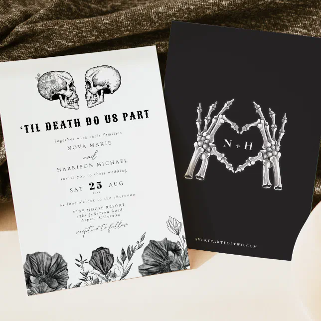 Til Death Gothic Skull Black Floral Wedding I Invitation