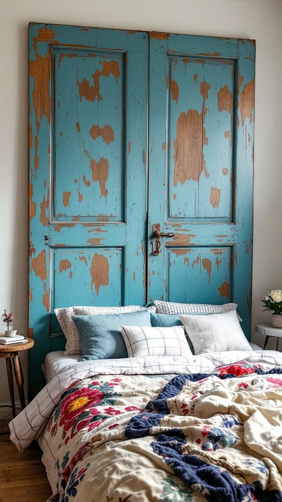 Using an old door as a headboard adds a unique touch to your bedroom. The worn blue paint and rustic charm bring character to the space. It’s a great way to recycle and make your room feel cozy and inviting.