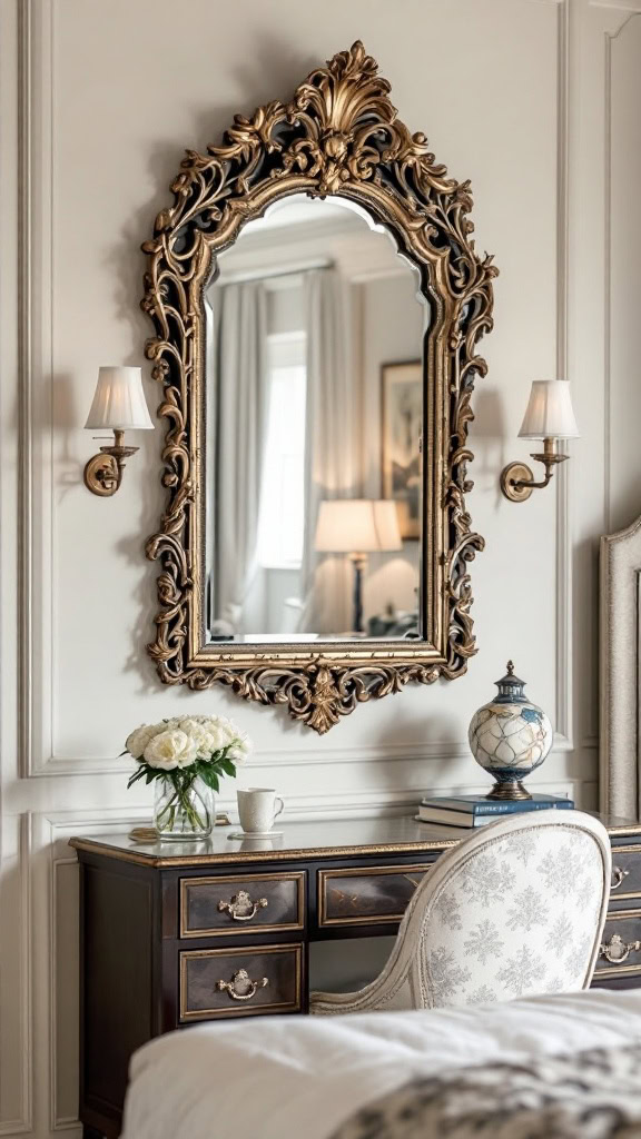 Ornate mirrors are more than just functional—they’re like a piece of art for your walls! Choose one with an intricately carved frame, preferably in gold or white, to instantly add drama and elegance. Bonus: Mirrors reflect light, making your room feel larger and brighter.