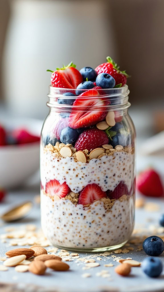 A classic breakfast made easy! These Overnight Oats with Berries and Almonds are packed with flavor and nutrition. 🍓🥣 #OvernightOats #HealthyLiving #BreakfastIdeas