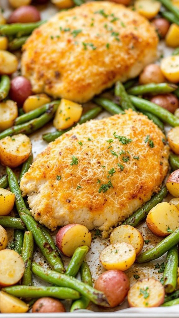 This Parmesan Crusted Chicken and Veggies Sheet Pan Dinner is a real time-saver for busy nights. Toss everything on a single pan, and let the oven do the work while you relax. The cheesy crust on the chicken pairs perfectly with the roasted veggies for a delicious meal.