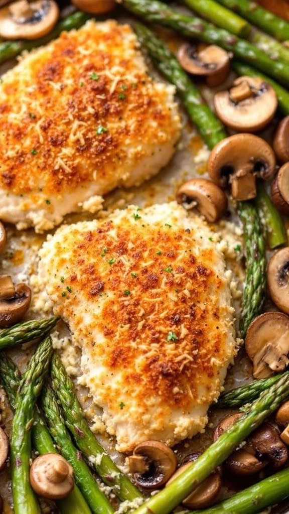 Parmesan crusted chicken with asparagus and mushrooms makes a quick and tasty dinner option. The crispy topping pairs perfectly with tender veggies, creating a satisfying meal. Just toss everything on a sheet pan, and let the oven do the work!