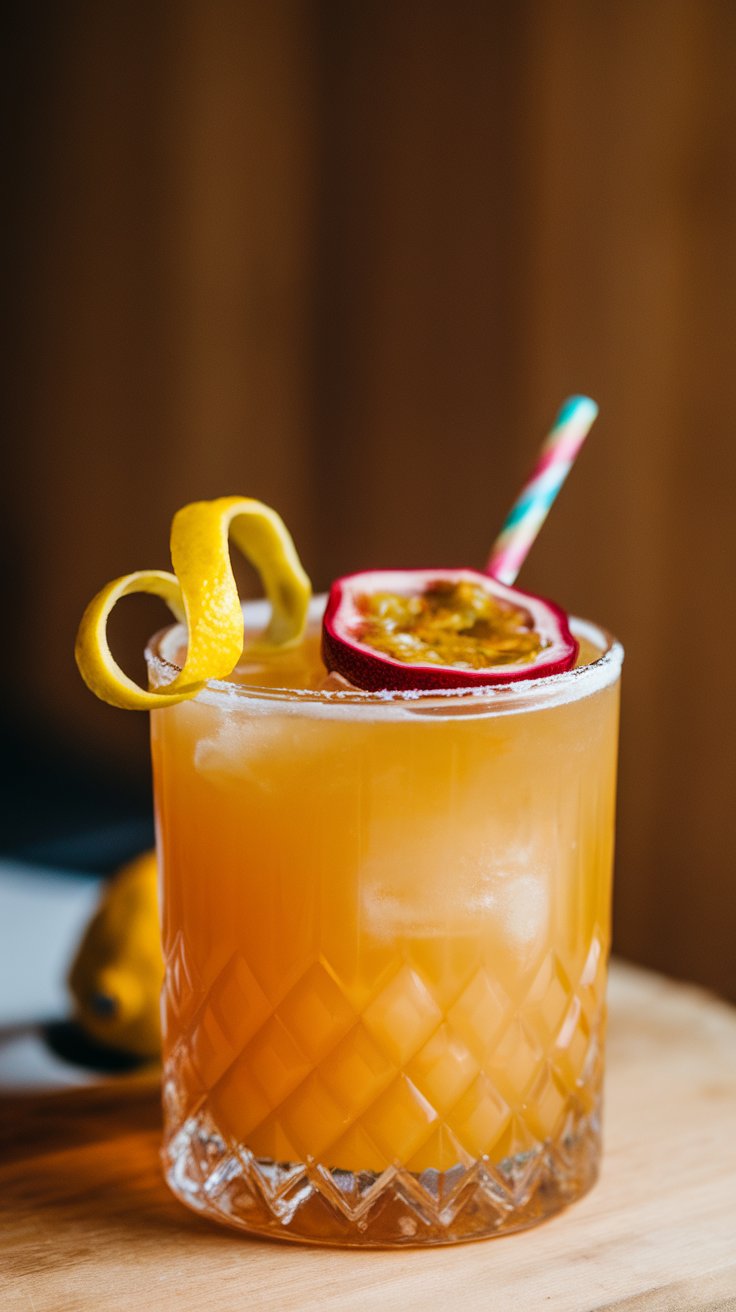 A refreshing Passion Fruit Daiquiri cocktail served in a glass with ice, garnished with passion fruit slices and lemon twists.