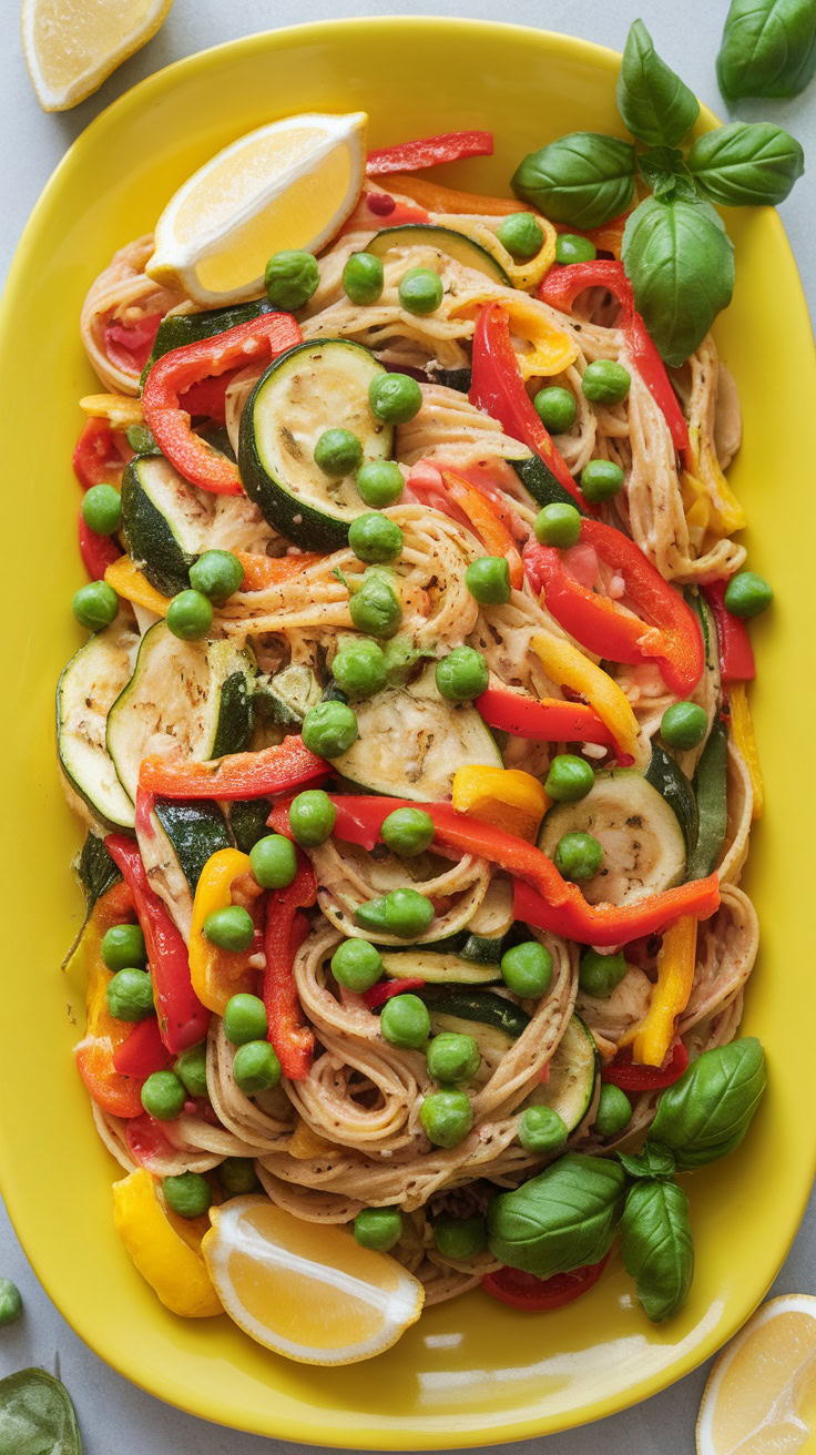 Pasta primavera is a colorful dish packed with fresh veggies. It’s quick to make and perfect for a weeknight dinner. Toss together your favorite pasta with zucchini, bell peppers, and peas for a healthy and tasty meal!