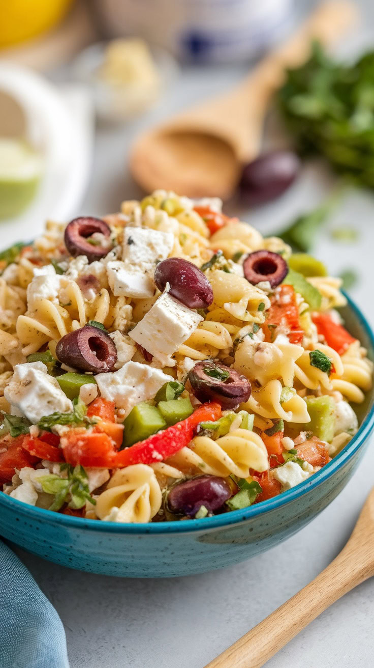 This pasta salad is a refreshing mix of flavors that everyone will love. Toss together some rotini, juicy tomatoes, crisp cucumbers, and tangy feta for a dish that’s perfect for any occasion. Top it off with olives and a zesty dressing, and you’ve got a crowd-pleaser! 