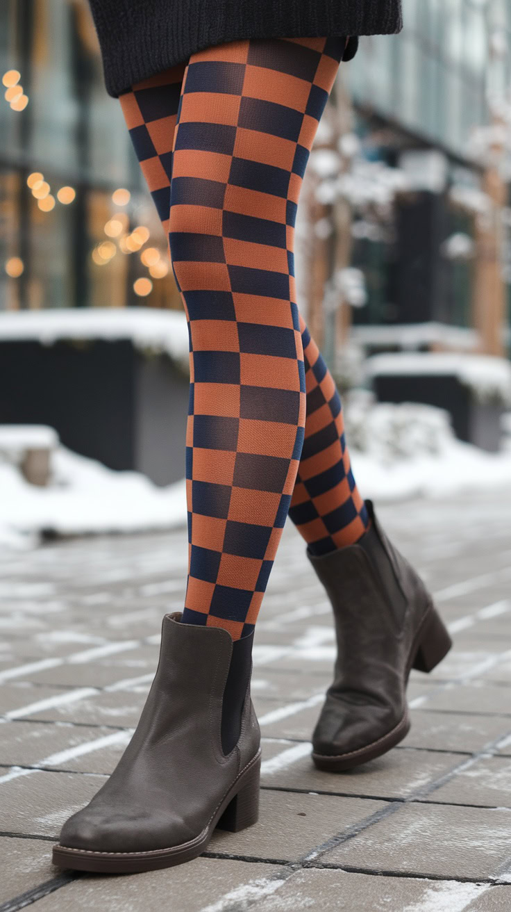 Patterned tights are a fun way to add flair to your winter boho outfits. Pairing them with ankle boots creates a stylish look that's both cozy and chic. This combination is perfect for staying warm while looking effortlessly put together!