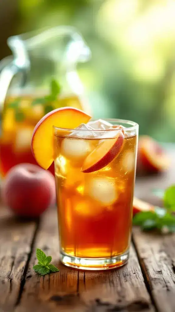 Smooth, slightly smoky, and packed with juicy peach flavor—this bourbon iced tea is the perfect front porch sipper. Sweet tea meets a little Southern charm in every sip. 🌞