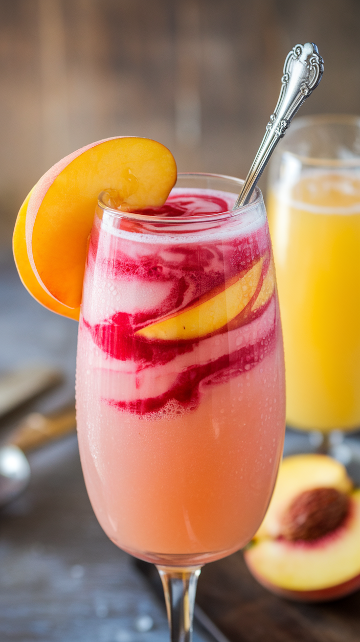 The Peach Melba Mimosa is a delightful twist on the classic brunch cocktail. Combining the sweetness of ripe peaches with the tartness of raspberry puree, this drink is both refreshing and visually stunning. It's perfect for a sunny day or a festive gathering, and it's incredibly simple to whip up.