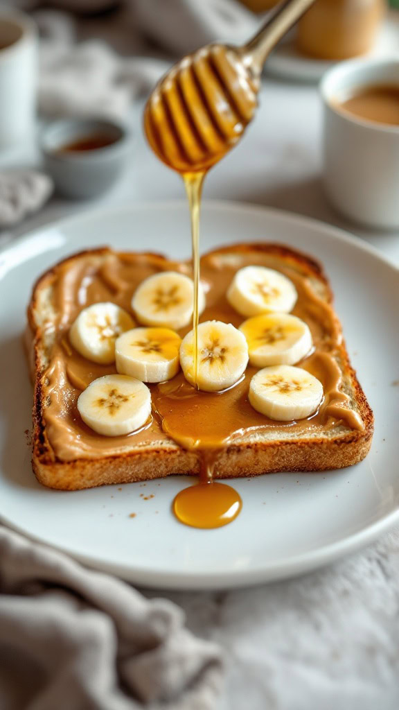 A slice of toast with peanut butter, banana slices, and honey drizzle on a white plate.