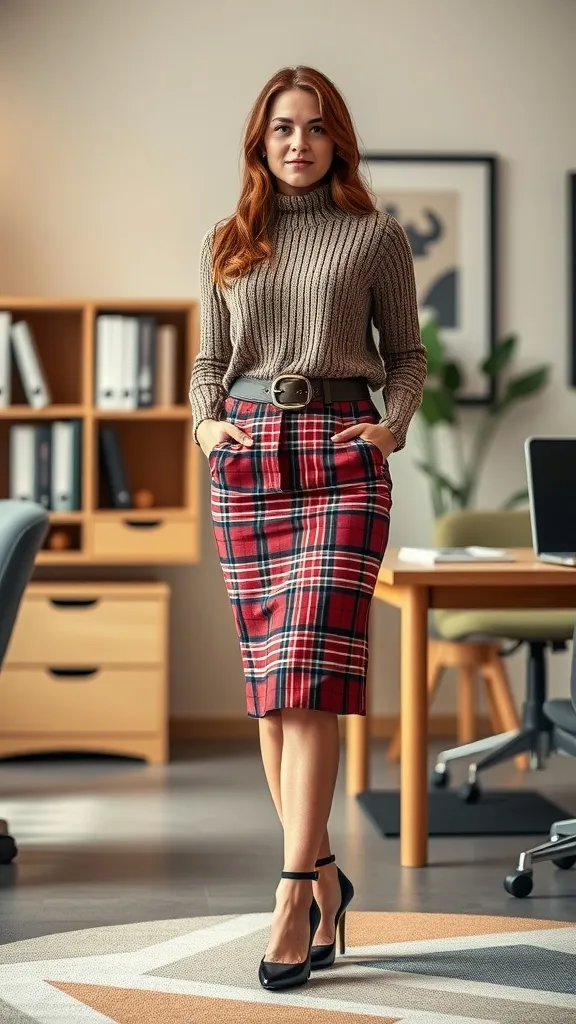 A pencil skirt paired with a tucked-in sweater is a chic choice for the office. This combo not only enhances your silhouette but also offers a stylish way to stay comfortable throughout the day. Add some heels, and you're ready to take on any meeting with confidence!