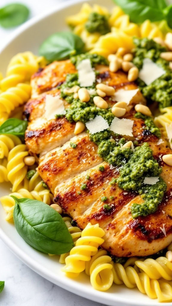 A delicious plate of pesto chicken pasta with grilled chicken, pesto sauce, and rotini noodles.