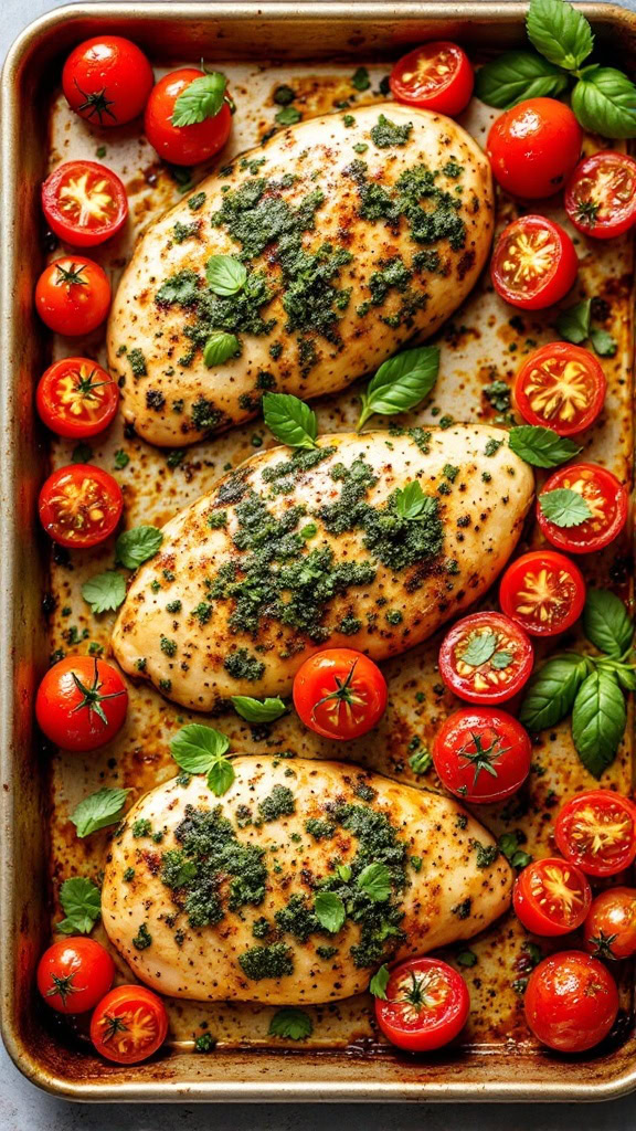 This pesto chicken with cherry tomatoes is a winner for busy weeknights. Just coat the chicken breasts with your favorite pesto, toss in those sweet cherry tomatoes, and roast until everything is perfectly cooked. It's colorful, full of flavor, and super easy to clean up!